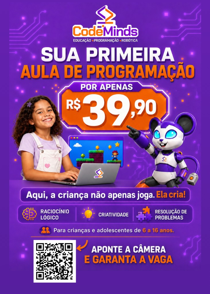 Aula promocional de programação CodeMinds — R$ 39,90
